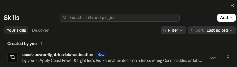 The coast-power-light-inc-bid-estimation skill listed under Your skills in Claude.