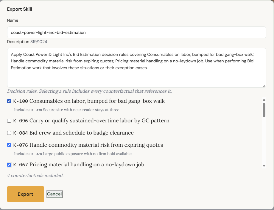 Export Skill dialog with three rules checked and the counterfactuals shown underneath.