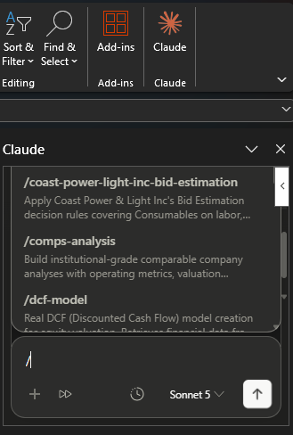 The skill appearing as a slash command in the Claude for Microsoft 365 Excel sidebar.