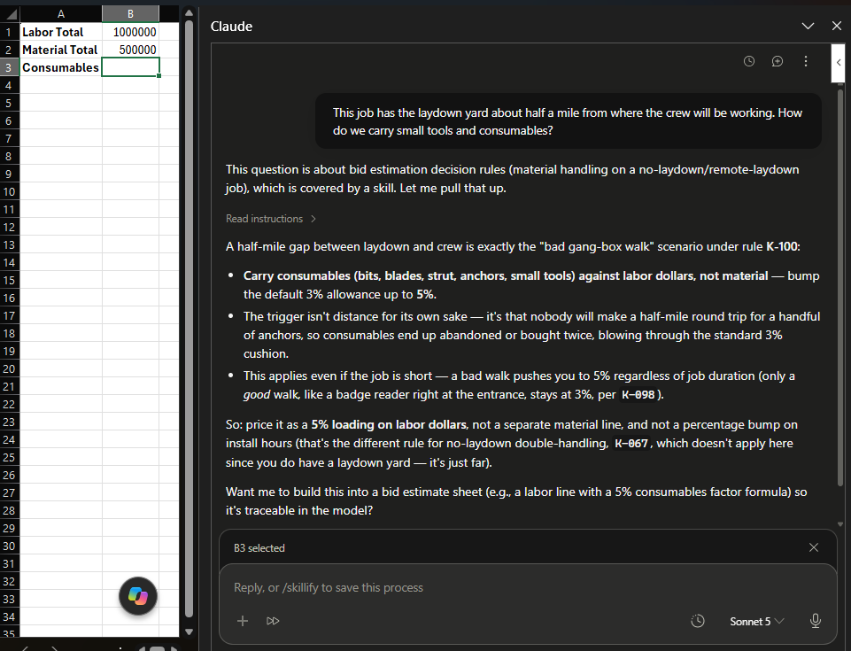 Claude answering the laydown-yard consumables question in Excel, citing rule K-100.