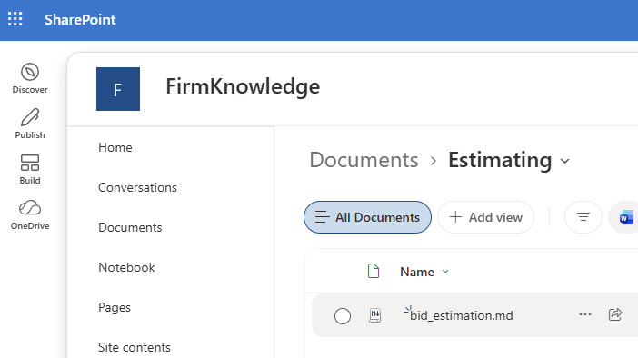 FirmKnowledge SharePoint site with bid_estimation.md in the Estimating folder.