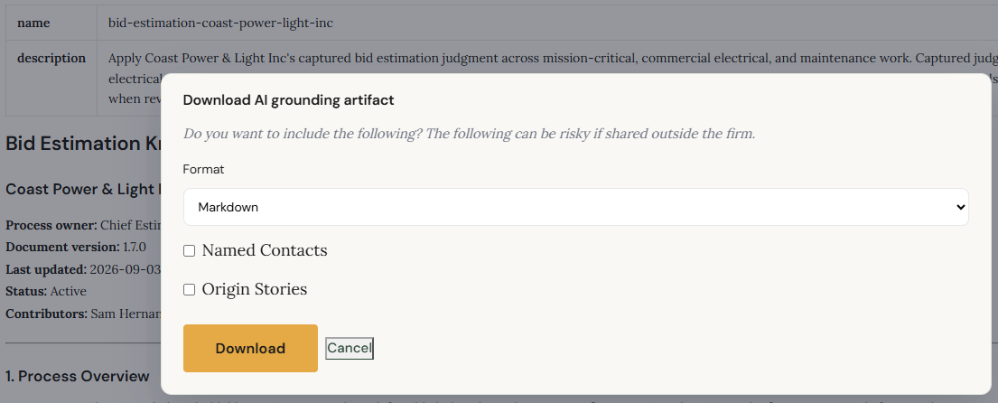 Download AI grounding artifact dialog with Named Contacts and Origin Stories left unchecked.