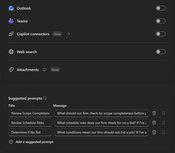 Agent knowledge toggles for Outlook, Teams, and web search switched off.