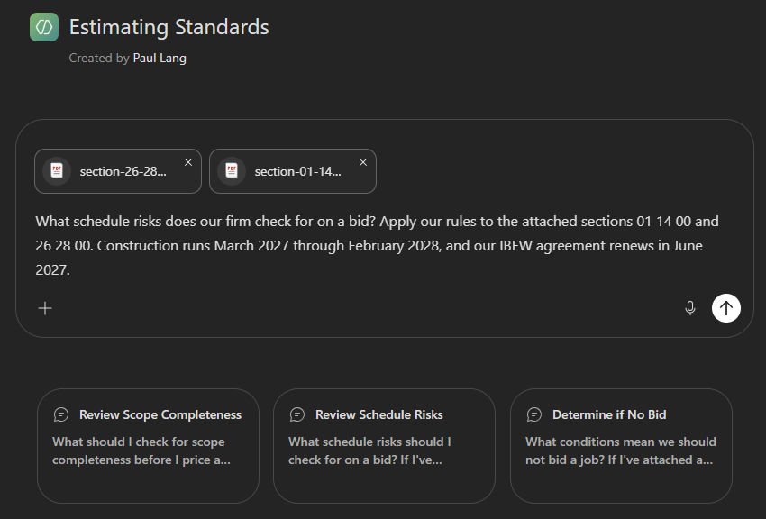 A schedule-risk question with two spec sections attached and the job dates typed in the prompt.