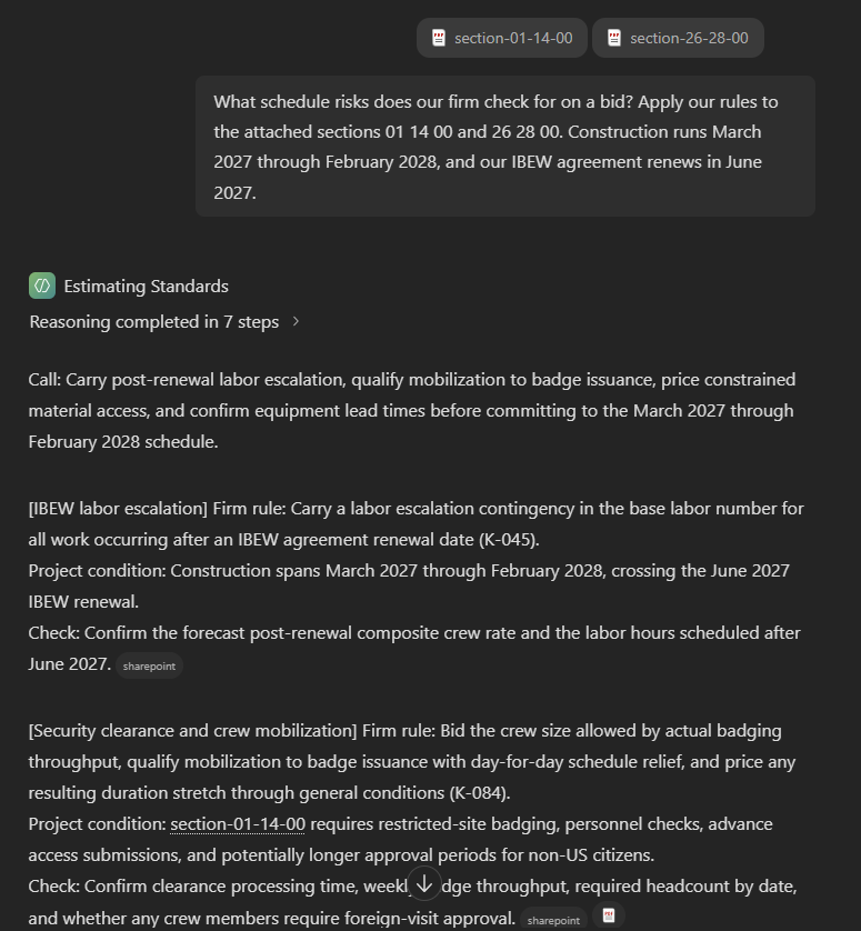The agent's schedule-risk answer citing firm rules K-045 and K-084, with SharePoint citation chips.