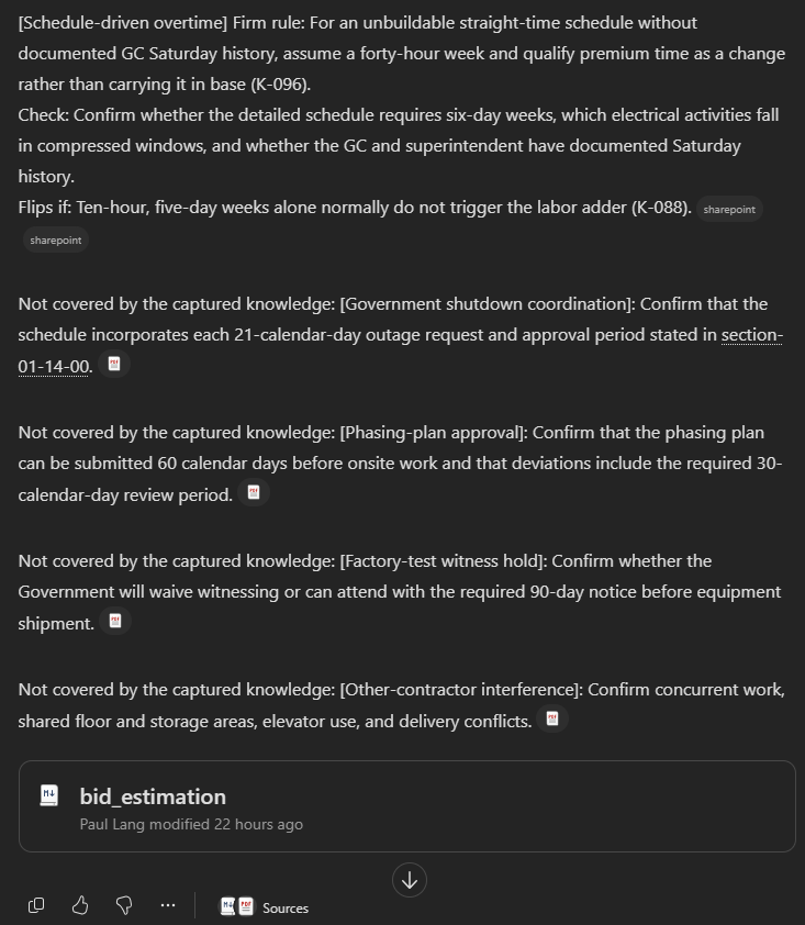 The answer ending with items not covered by the captured knowledge, and a link to bid_estimation.