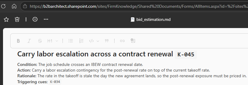 The bid_estimation.md file open in SharePoint on the rule Carry labor escalation across a contract renewal, K-045.