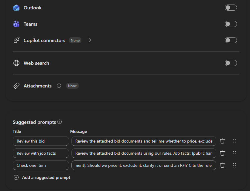 Agent toggles for Outlook, Teams, Copilot connectors, and web search switched off, with three suggested prompts.