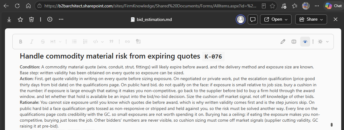 The bid_estimation.md file open in SharePoint on the rule Handle commodity material risk from expiring quotes, K-076.