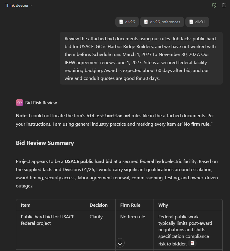 Bid Risk Review answering without the rules file, marking every item No firm rule.