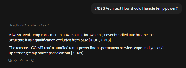 Claude answering a temp power question after @B2B Architect, citing rules K-011, K-018, and K-008.