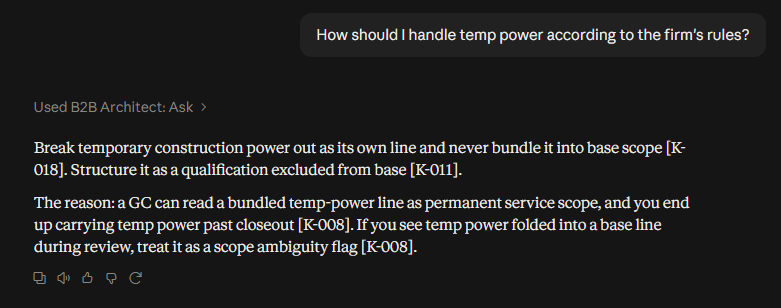 Claude answering the same temp power question after the user says the firm's rules, citing K-018, K-011, and K-008.