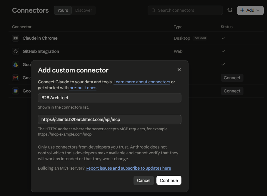 Add custom connector dialog in Claude with the name B2B Architect and the MCP address filled in.