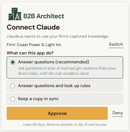 B2B Architect Connect Claude approval screen with Answer questions selected.
